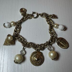 Vintage Gold Beachy Seashell Charm Bracelet—Pearl, White, Crystal Accents